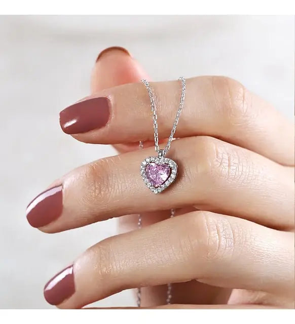 Gümüş Pembe Kalpli Kolye